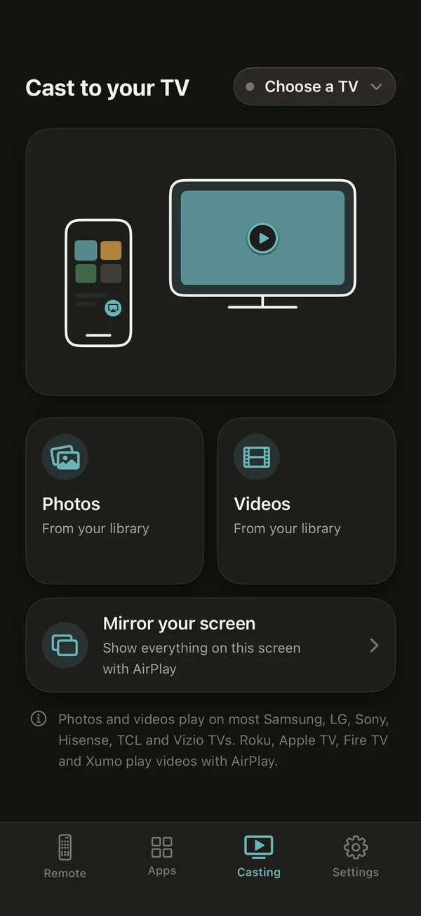 The Casting tab in Remote TV with Photos, Videos and Mirror your screen