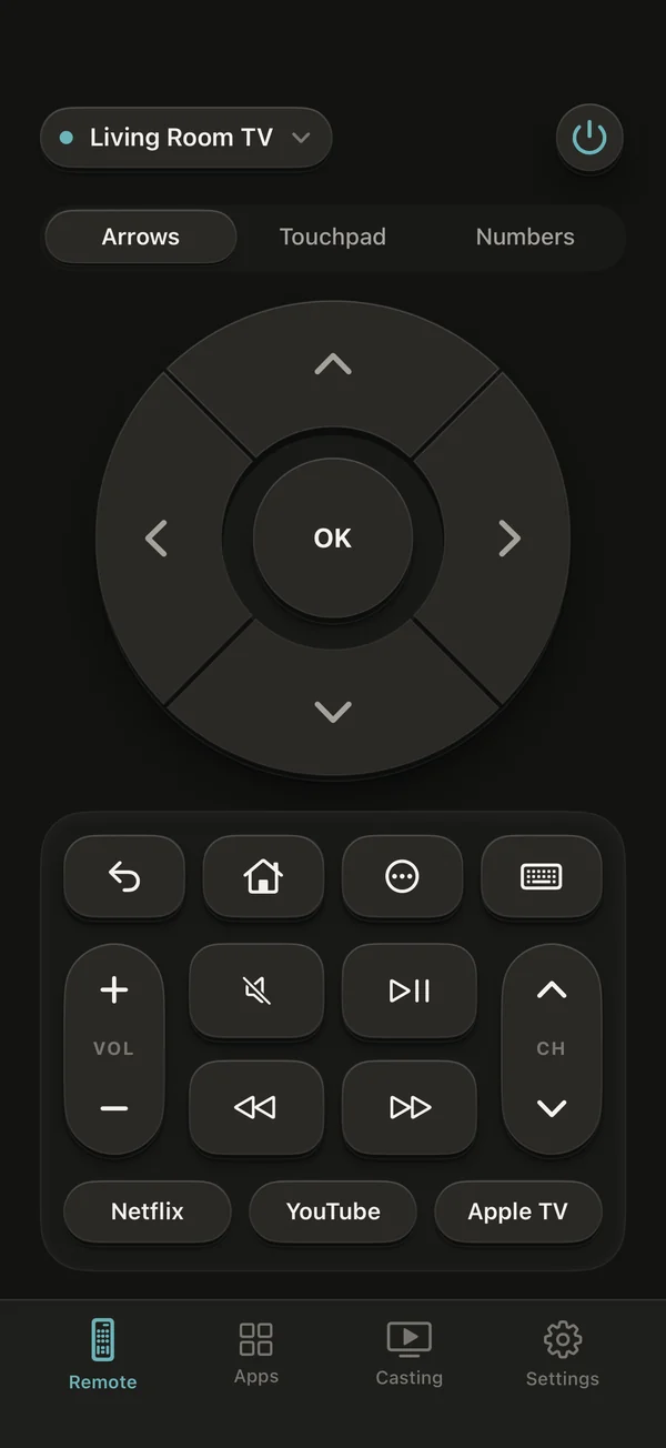 Remote TV with the Arrows layout, dark appearance